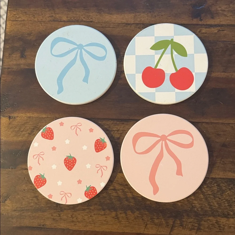 Set of 4 Cute Coasters with Bows and Fruits - Picture 1 of 2